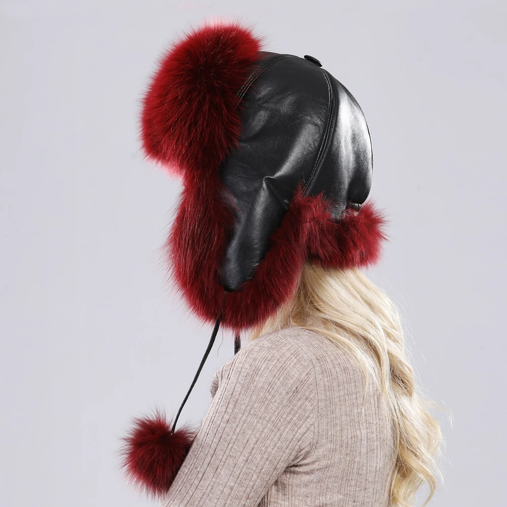 

2023 Natural Real Fox Fur Bomber Hats Winter Warm Women Fluffy Fox Fur Earflap Caps Luxury Quality Lady Genuine Real Leather Hat