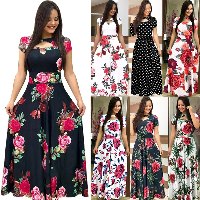 

Elegant Summer Women Dress 2021 Casual Bohmia Flower Print Maxi Dresses Fashion Hollow Out Tunic Vestidos Plus Size Femme Robe