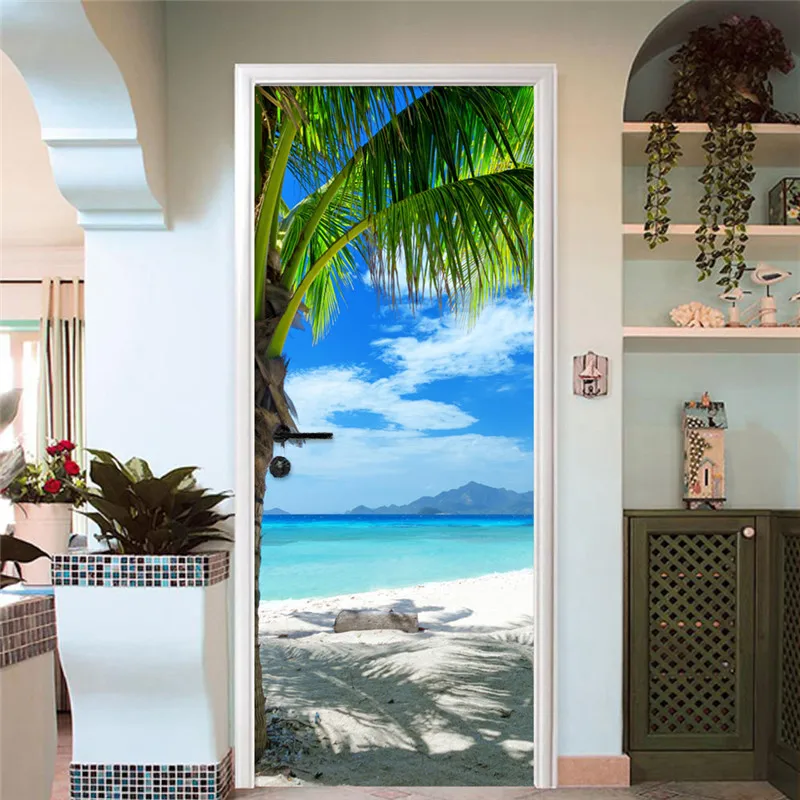 Modern 3D Beach Landscape Door Sticker Dining Room Bathroom PVC Waterproof Self Adhesive Mural Wallpaper For Walls 3 D Stickers