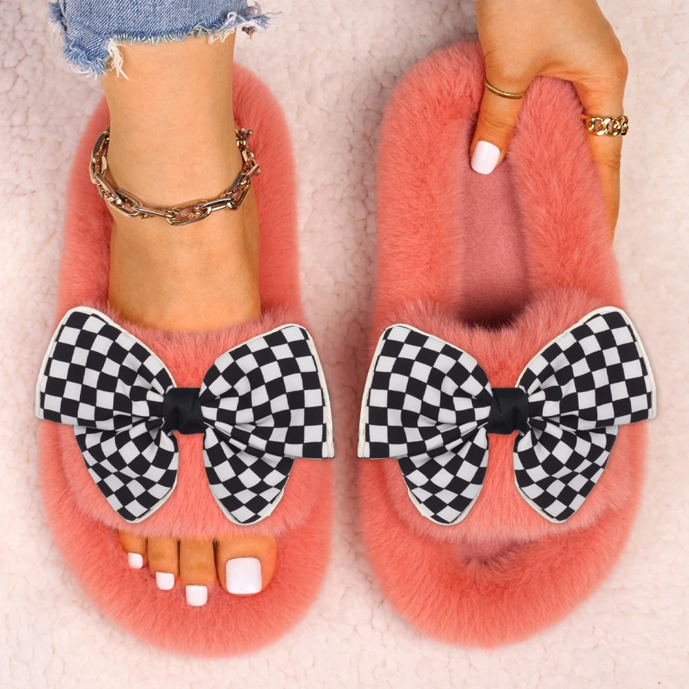 

Furry Fur Slippers Fluffy Flip Flops Bowknot Checkerboard Faux Fur Slides Women Flat Sandals Fuzzy House Slippers Lady Shoes