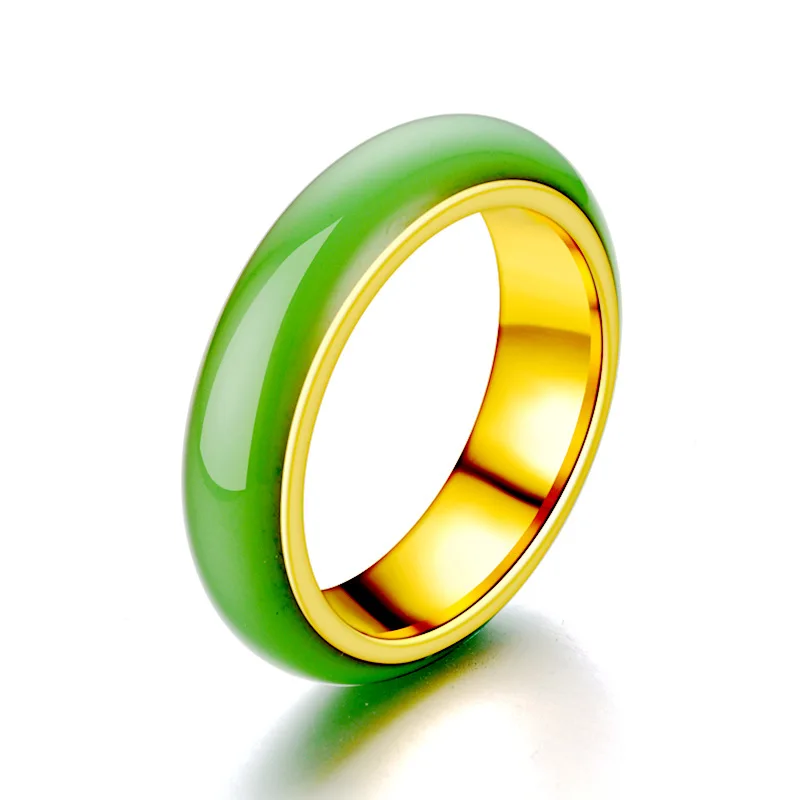 AsJerlya Artificial Green Jade Ring Chinese Jadeite Amulet Fashion Charm Stainless Jewelry Hand Carved Crafts Gift For Women Men