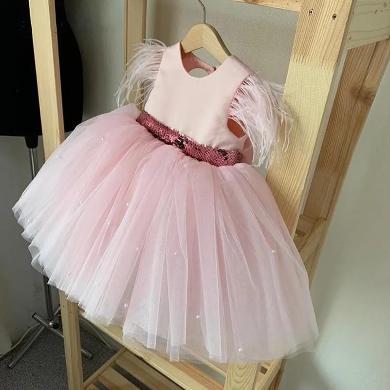 Lovely Baby Girl Dresses Feather Sleeves Knee Length Junior Birthday Dress For Girls Wedding Prom Pageant Gowns