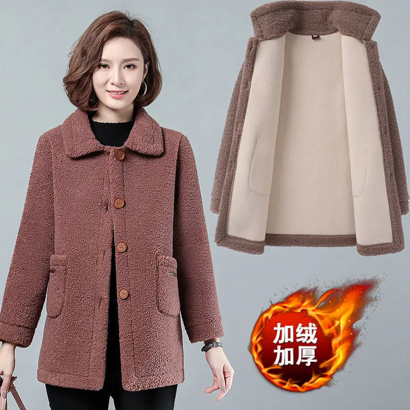 Women Autumn Winter Lambswool Coat  New Middle-aged Mother Fleece Jacket Add Velvet/No Velvet Overcoat  5XLA582