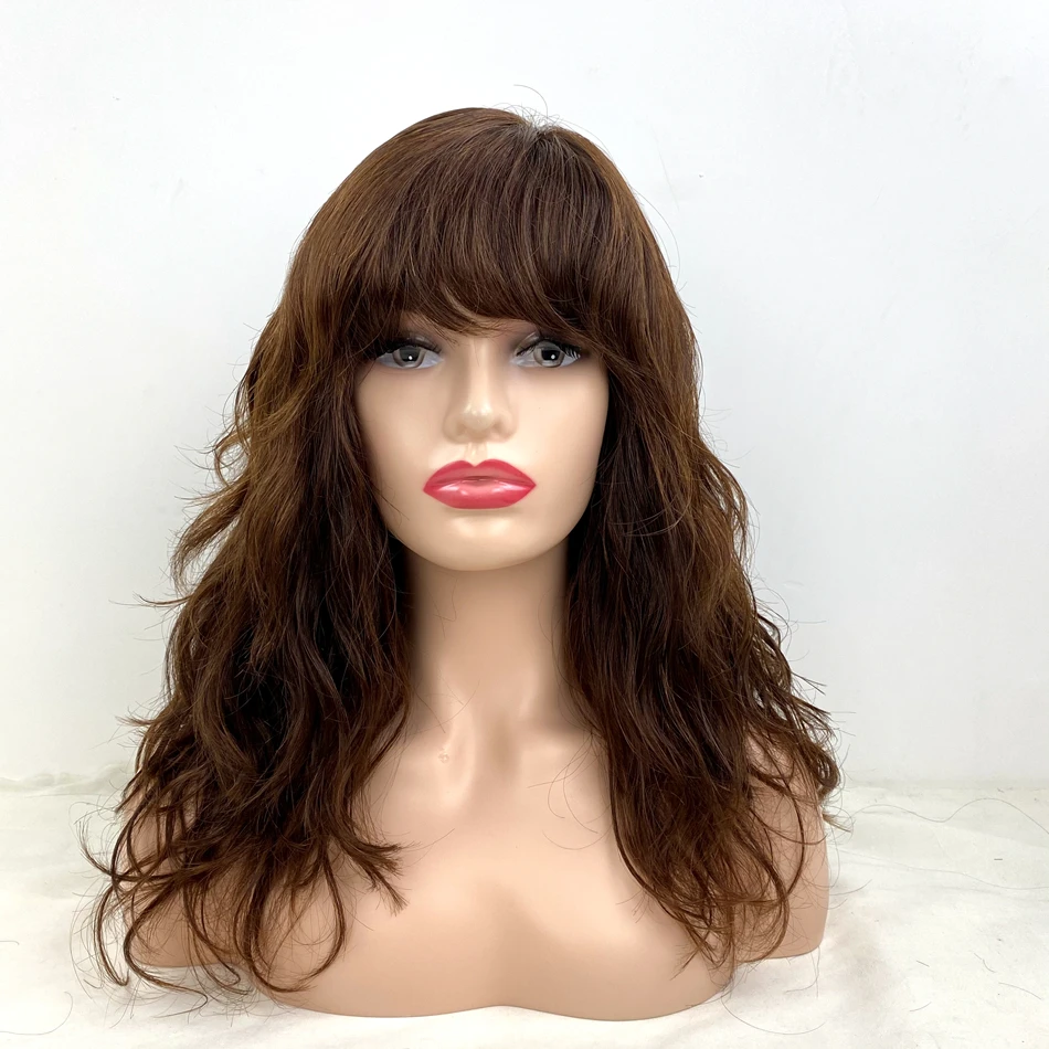 Remy Human Hair ชาวยิว Wigs กับ Bangs ยาวสไตล์หยักสีน้ำตาลเข้มสีผ้าไหมฐานหมวกยอดนิยมและแฟชั่น