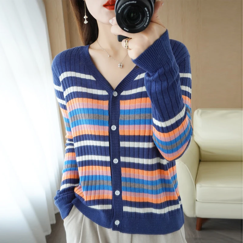 Spring Autumn Female Color Stripe Sweater V-neck Cashmere Wool Cardigan Women Jacket Loose Warm Comfortable Knit Sweater