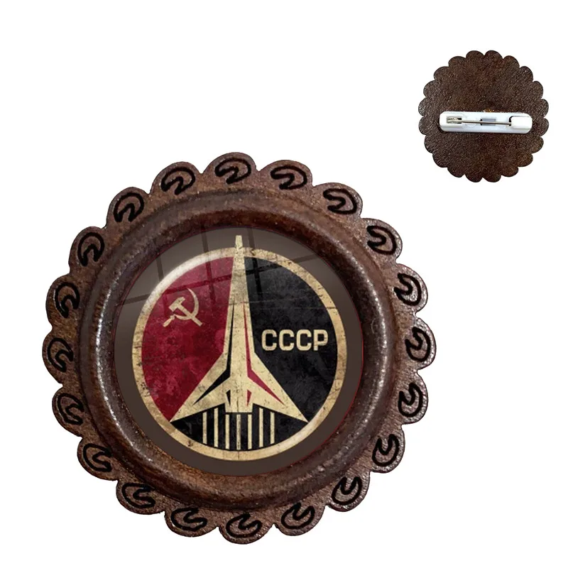 Soviet USSR Stalin Lenin Wood Brooches Classic Red Star Hammer Sickle Communism Emblem CCCP Glass Cabochon Collar Pins Badge