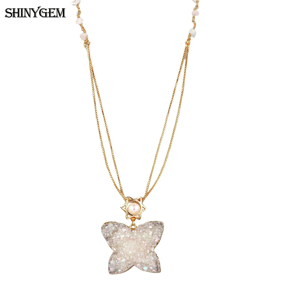 ShinyGem Trendy Butterfly Natural White Opal Druzy Crystal Necklaces Gold Plating Hexagram 7-8mm Round Pearl Necklaces For Women