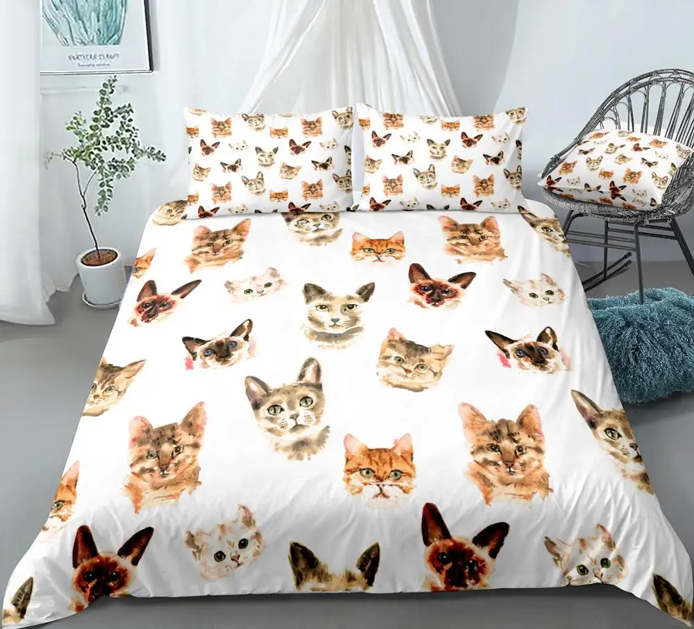 

3PCS Watercolor Cats Duvet Cover Set Animal Bedding Kids Boys Girls White Quilt Cover Queen Home Textiles Pet Bed Set Dropship