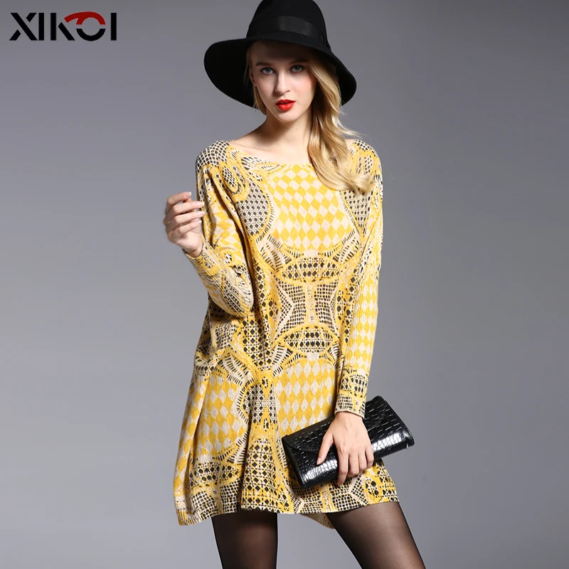 XIKOI Fall New Sweater Women Oversized Yellow Dress Casual Print Knitted Pullovers Winter Fashion Long Batwing Sleeve Pull Femme