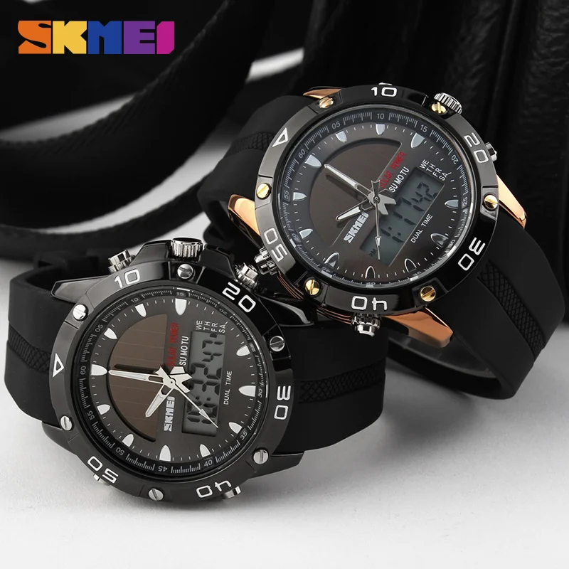 SKMEI-reloj deportivo de moda para hombre, cronógrafo de cuarzo con doble pantalla, resistente al agua, militar, despertador