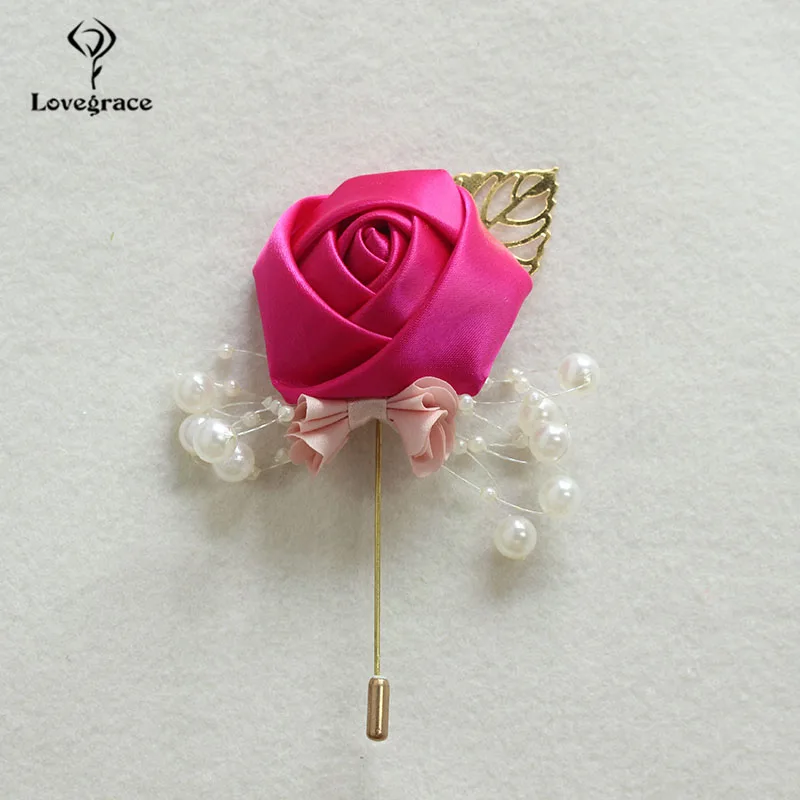 Lovegrace Brooch Pins Men Wedding Corsage Silk Rose Boutonniere Fake Pearl Meeting Party Prom Decor Girl Bridegroom Boutonniere