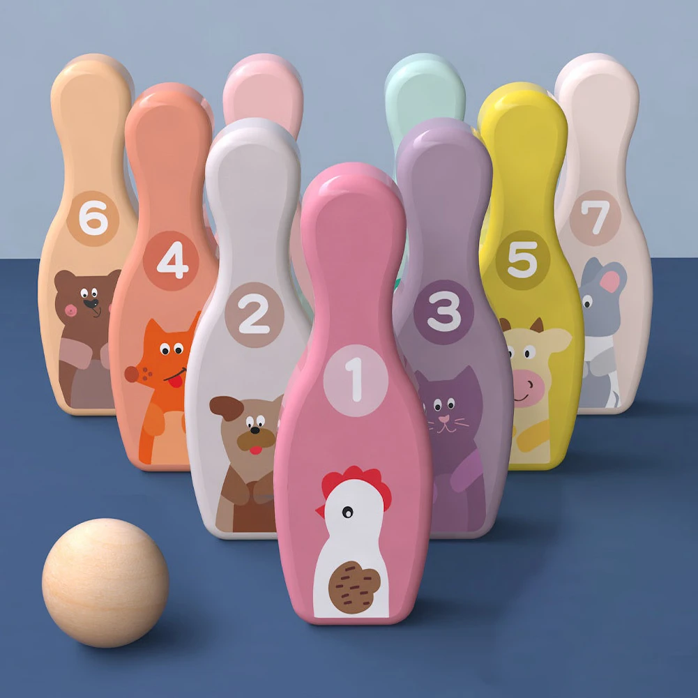 Colorful Wooden Bowling Balls Pins Set for Kids Toy 9 Bowling Pins 1 Balls Set Fun Indoor Family Game Kids Educational Toy