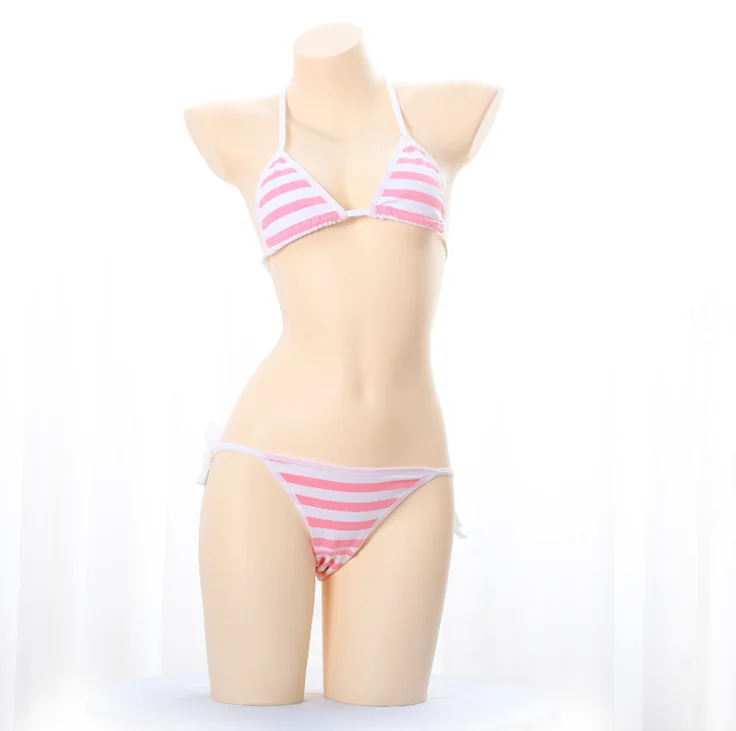 Women\'s blue and white stripe Lace Up Bikini anime Cosplay sexy clothing Kawaii swimsuit underwear set