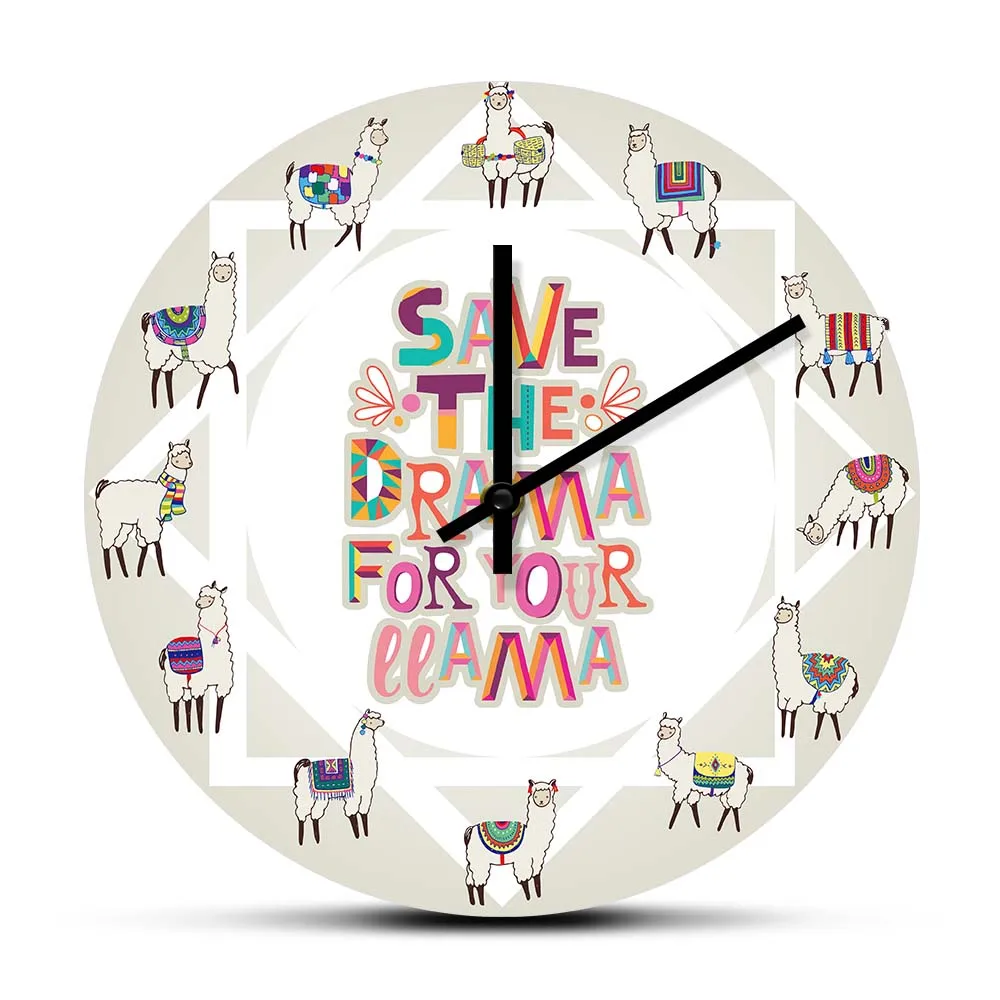 

Save The Drama For Your Llama Art Printed Wall Clock Yamma Huahua Doodle Silent Movement Clock For Living Room Animal Home Decor