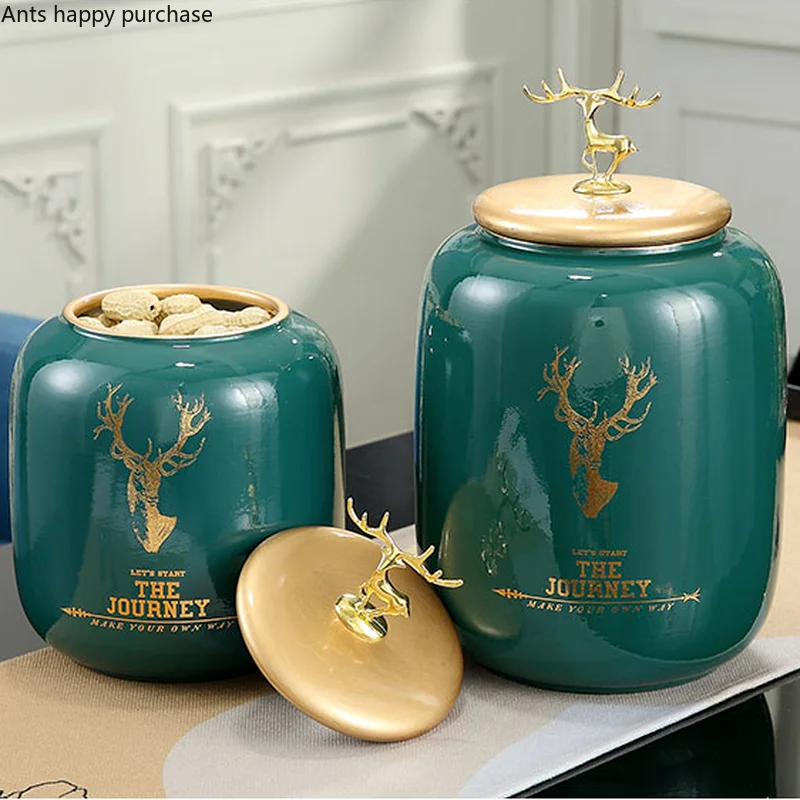 Deer Cover Ceramic Jar Storage Tank Tea Caddy Food Storage Jar Candy Jar Decorative Jar Home Desktop Ornaments Cereal Dispenser