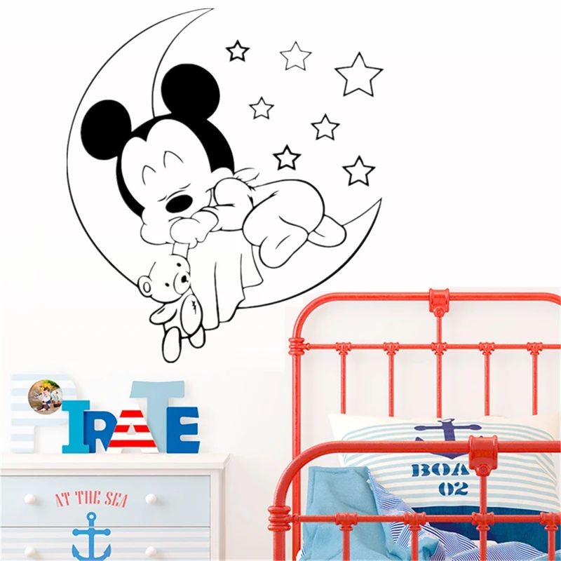 Cartoon Mickey Sleep Moon Wall Stickers For Kids Rooms Vinyl Minnie Baby Princess Boy Bedroom Decals Home Decor Nursery Poster