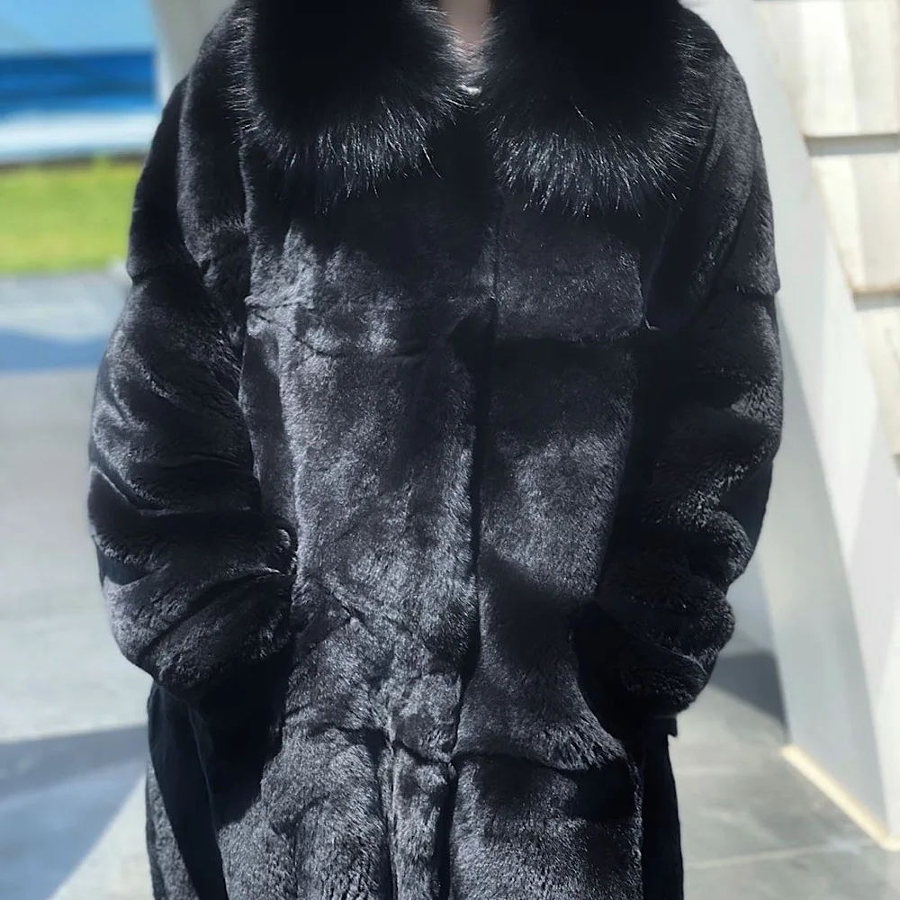 2021 New Real Featured Whole Leather Real Rex Rabbit Fur Fishtail Drawstring Design Women's Wide Length Coat Simple Street Warm