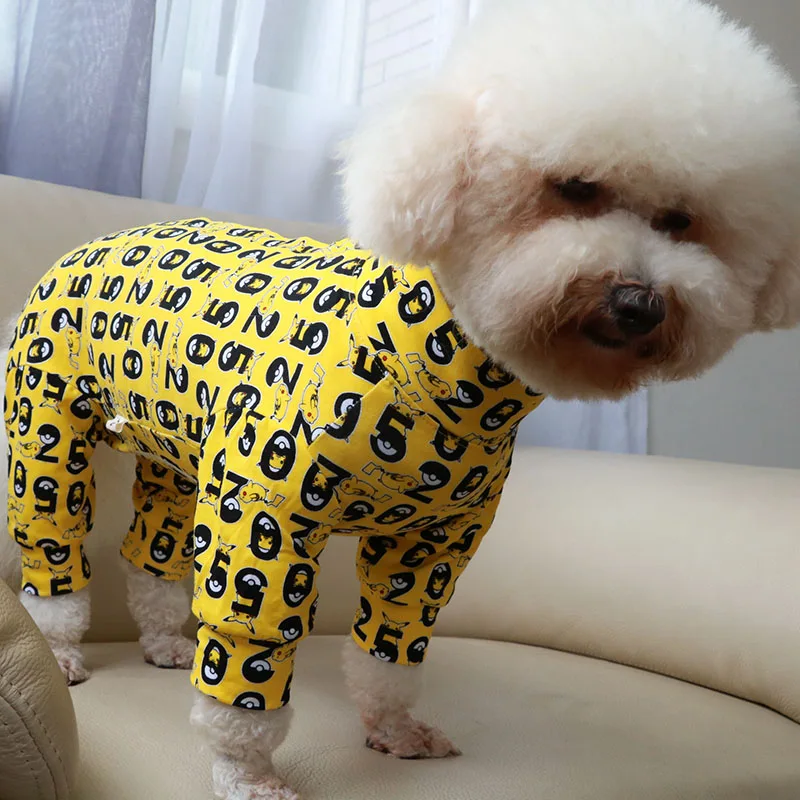 Pet Dog Jumpsuit Thin Printed Overalls 100%Cotton Puppy Clothes Protect Belly Stretchy Pajamas Poodle For Small Dogs Home Wear