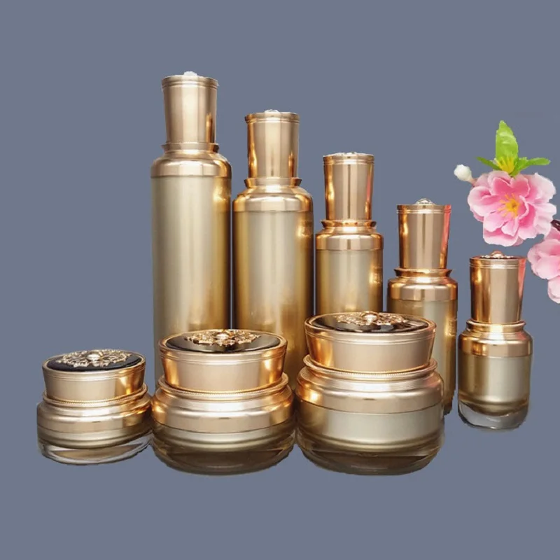 Frasco de creme de plástico acrílico dourado/branco pêra 30g/ml/pote para creme para os olhos/essência/creme noturno/hidratante/gel/embalagem de cuidados com a pele