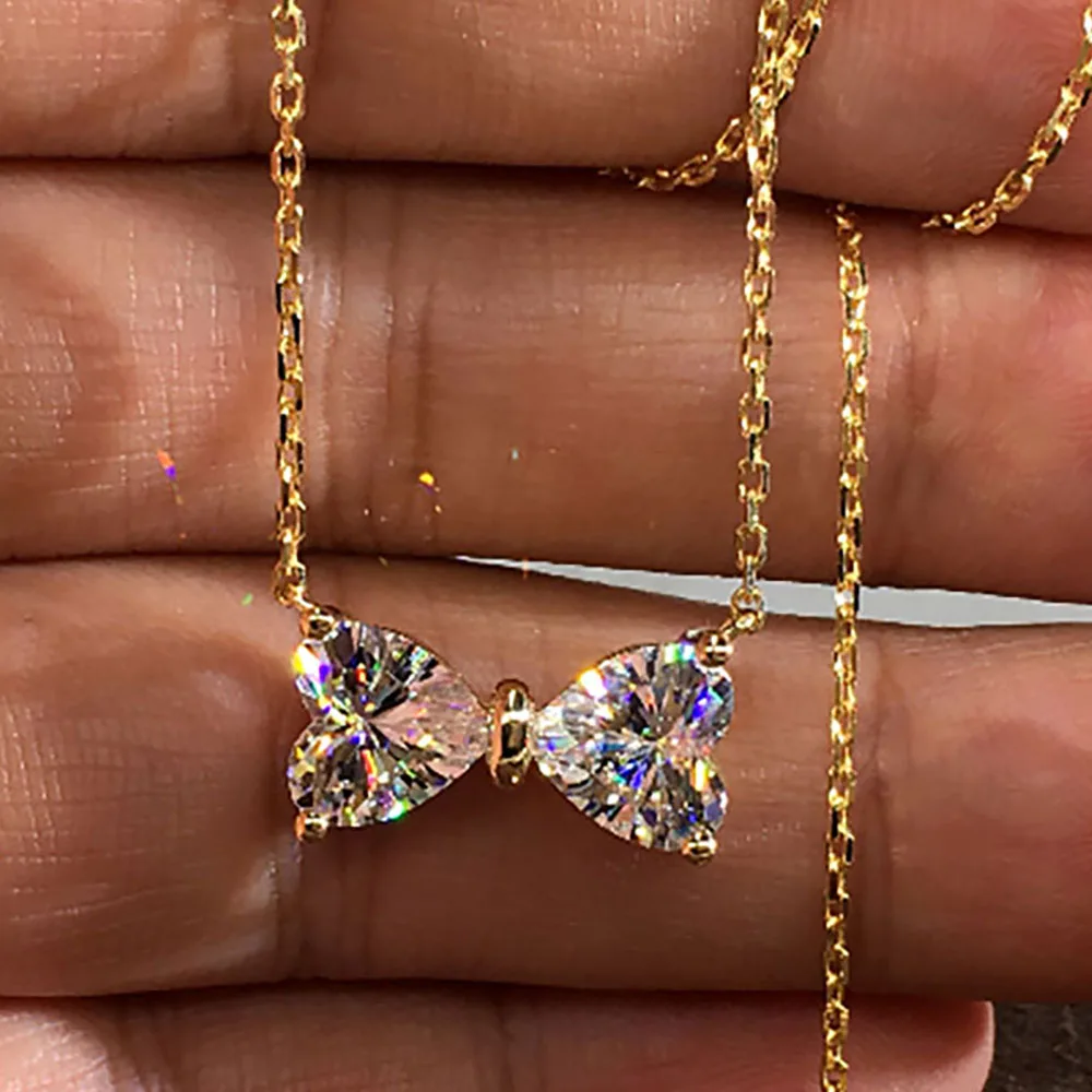 Custom Solid 18K Yellow Gold Women Pendants Necklaces Moissanite Diamond 1 2 3 4 5 Ct Heart Bowknot Wedding Engagement Party