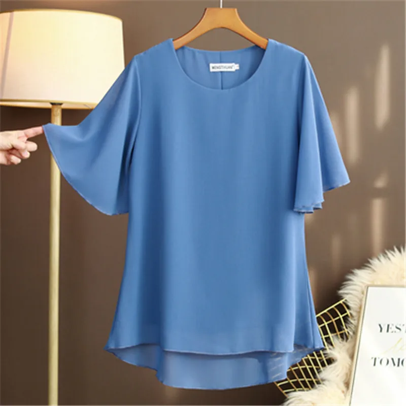 

Chiffon shirt trumpet sleeve short sleeve women's summer 2022 new round neck loose solid color tops A378