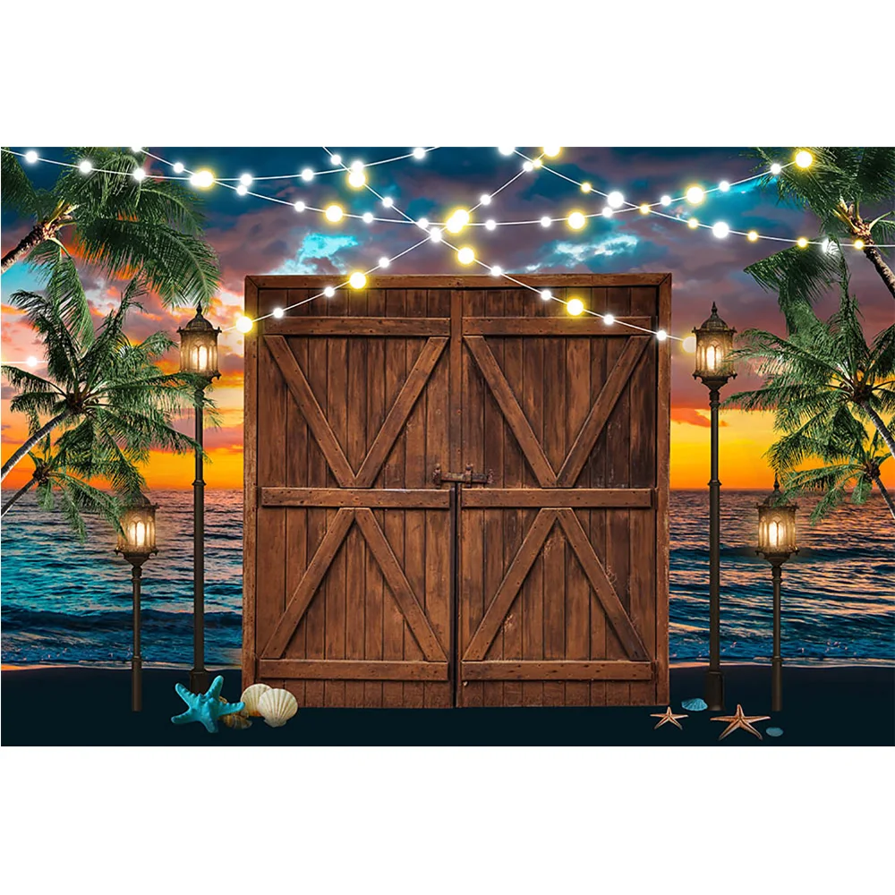 Seaside Sunset Portrait Backdrop Photocall Brown Retro Door Summer Tropical Party Background Sea Beach Light Plam Trees Photo