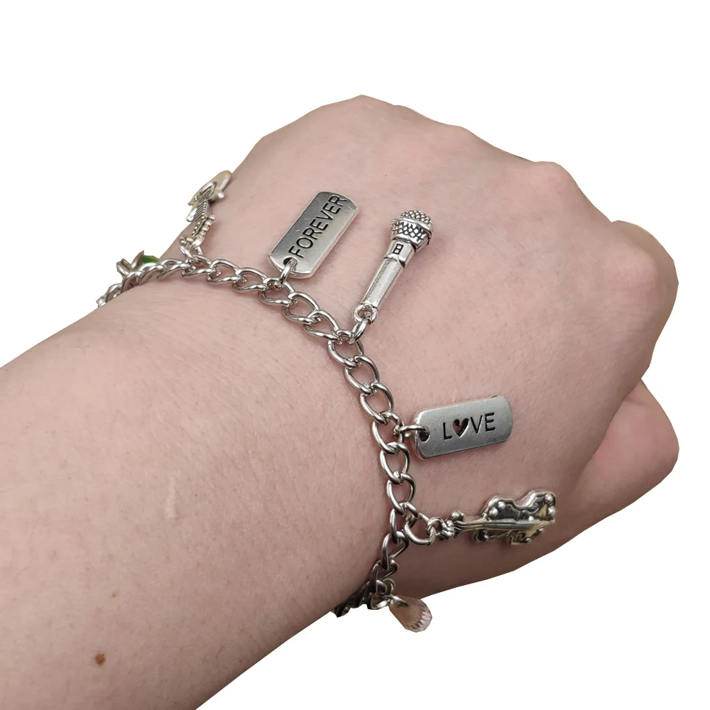 Antique Silver Plated Manual Music Series Guitar Violin Microphone Signs Chain Bracelet Men Women Birthday Gift CW037-040