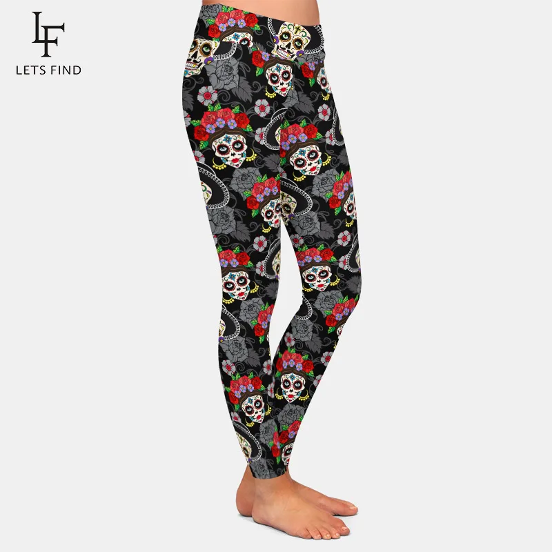 Letsfind 2020 moda de cintura alta mulheres leggings 3d masculino e feminino crânios açúcar impressão digital aptidão macia magro leggings completos