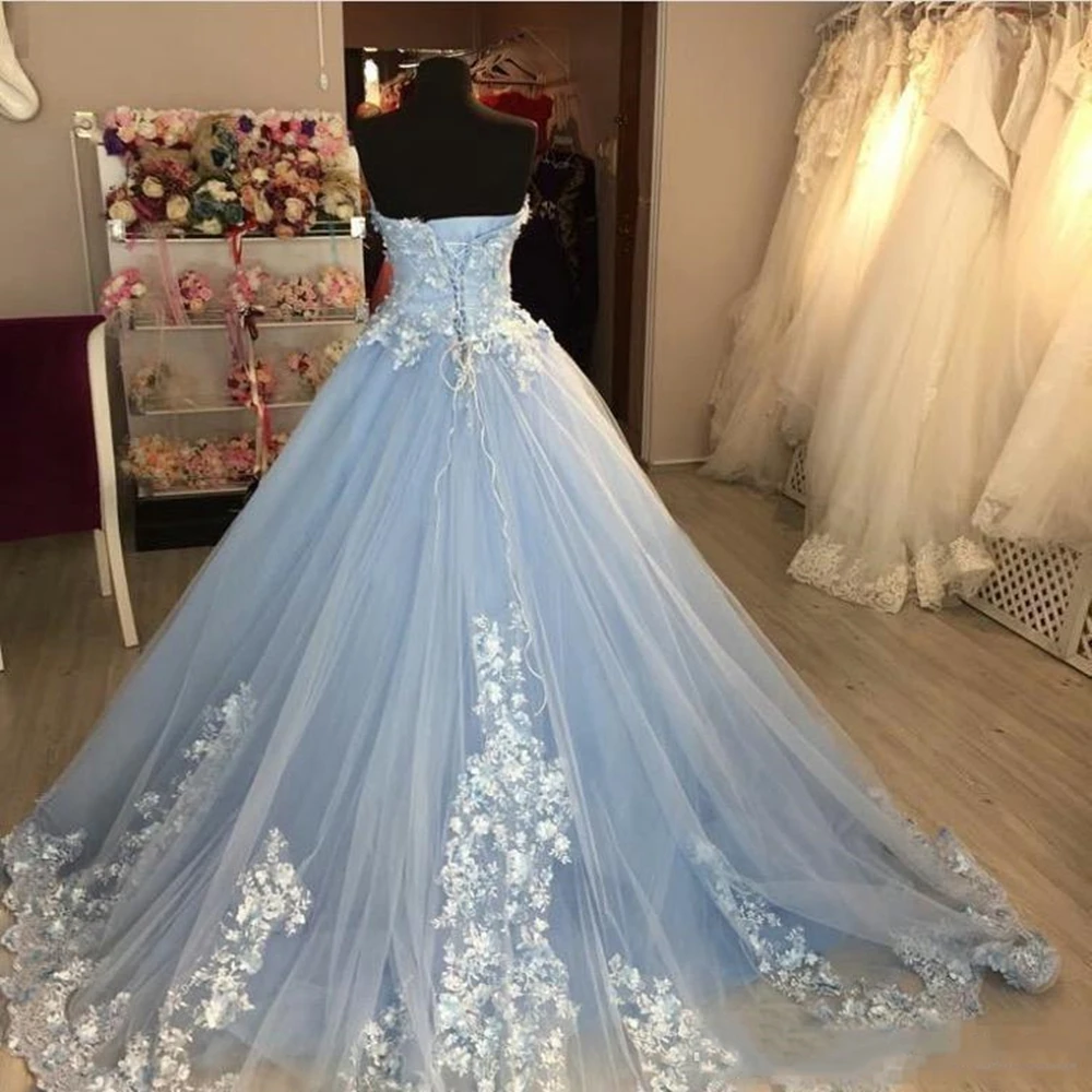 Vestido de noche azul claro con apliques florales en 3D, vestido de fiesta de talla grande, 16 vestidos de novia, corsé de tul