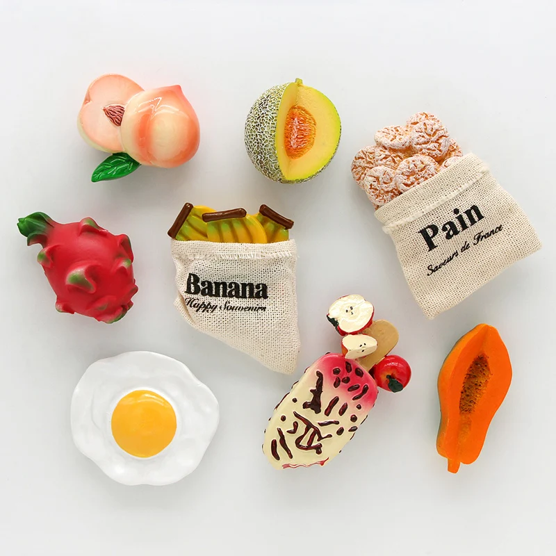 Imanes de nevera magnéticos 3D para decoración del hogar, simulación de comida, pasta de nevera, fruta, pan, dragón, fruta, Hami, melón, helado, huevo