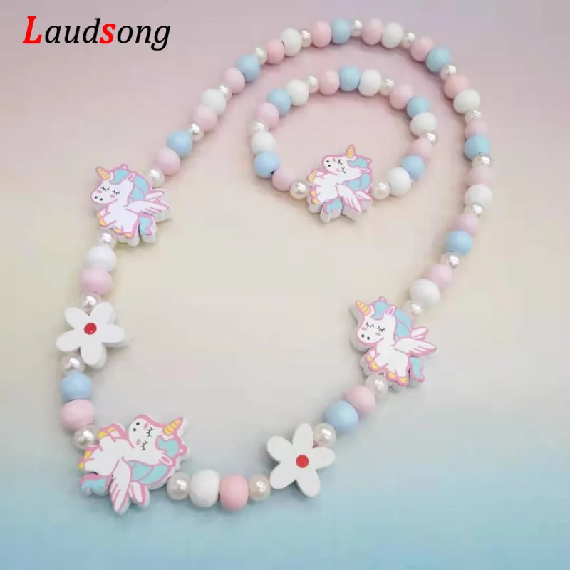 Cartoon Colorful Wooden Unicorn Flower Animal Child Sweater Necklace Bracelet Girl's Gifts Children's Jewelry Kids Toys 2pc