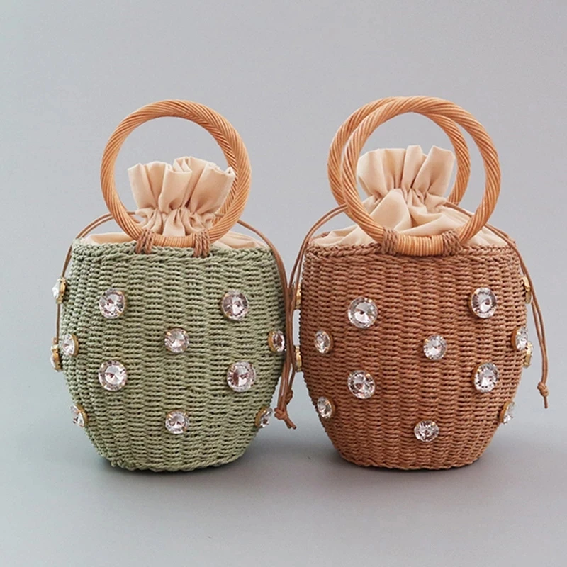 

Small Drawstring Straw Tote Bag Handmade Knitting Bucket Handbag With Rhinestone Decor Summer Beach Wrist Purse Organizador