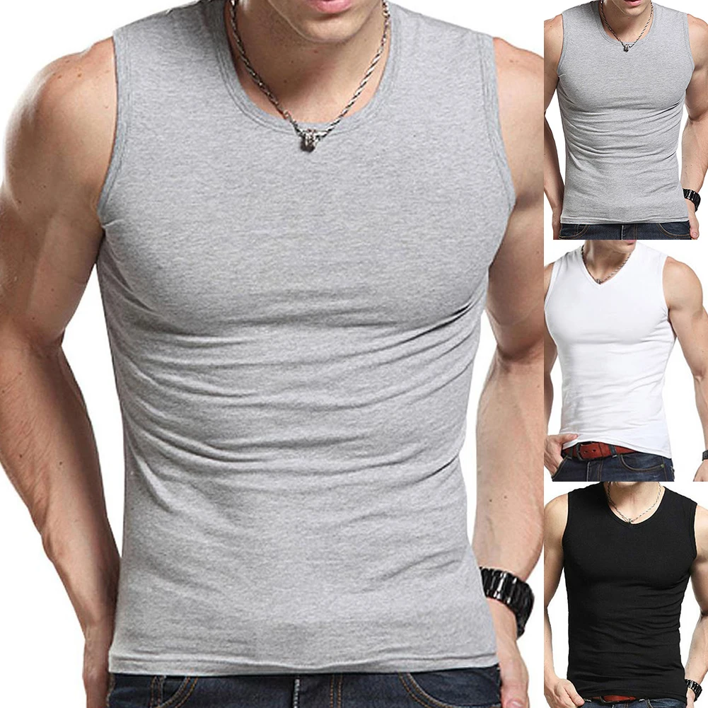 Camiseta sin mangas de Color sólido para hombre, chaleco de cuello redondo para Fitness, ropa interior