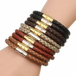 New Handmade Gold Color Vintage Men Leather Bracelets Stainless Steel Magnetic Clasp Braided Black Brown Male Bangles