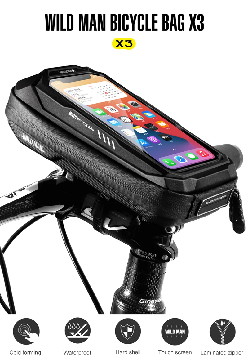 WILD MAN BBG076 Fahrrad-Vorbautasche mit Handyfach, EVA-Hartschale, Touchscreen-Fenster, Klettbändern und Regenschutz, für MTB und Rennrad – Detail 1