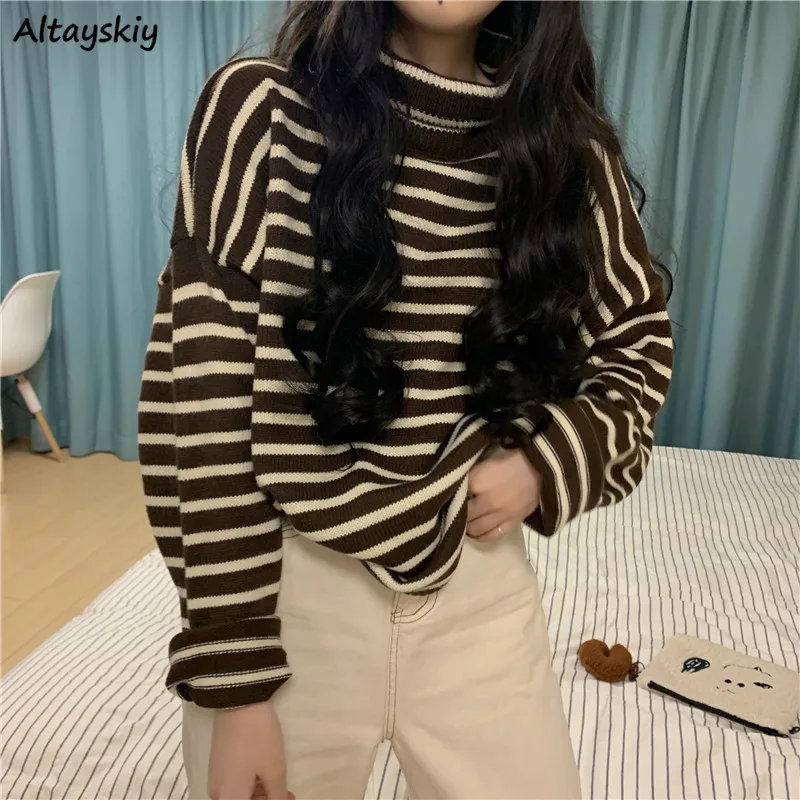 

Harajuku Sweater Women Retro Striped Chic Long Sleeve Cozy Autumn Basic Schoolgirl Clothing Ins Stylish Lady Knitwear Turtleneck