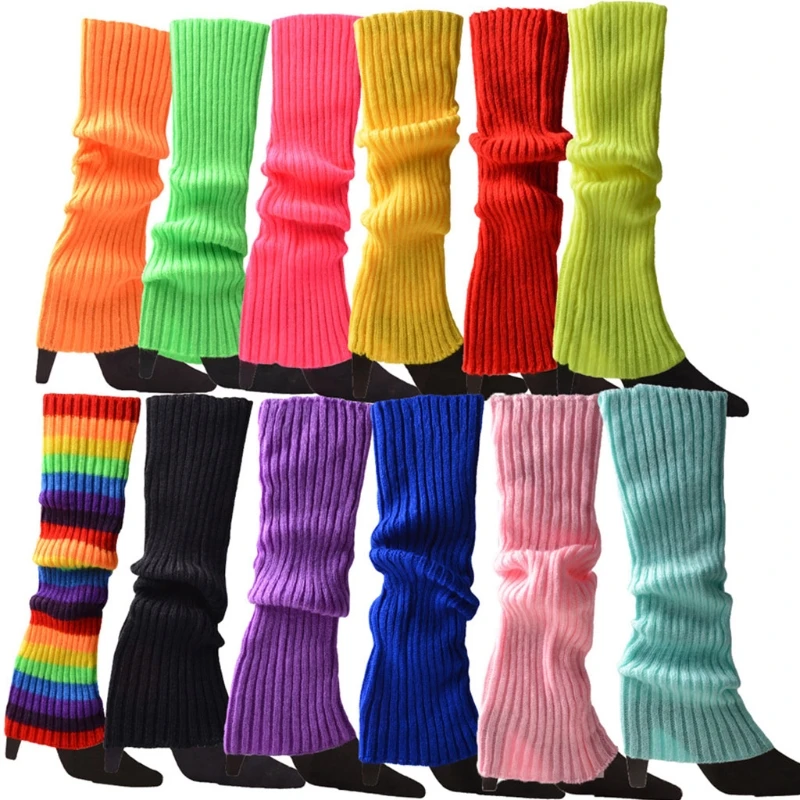 

Women 80s Fluorescent Neon Colored Knit Leg Warmers Ribbed Footless Socks Stockings Halloween Dance Party Accessories