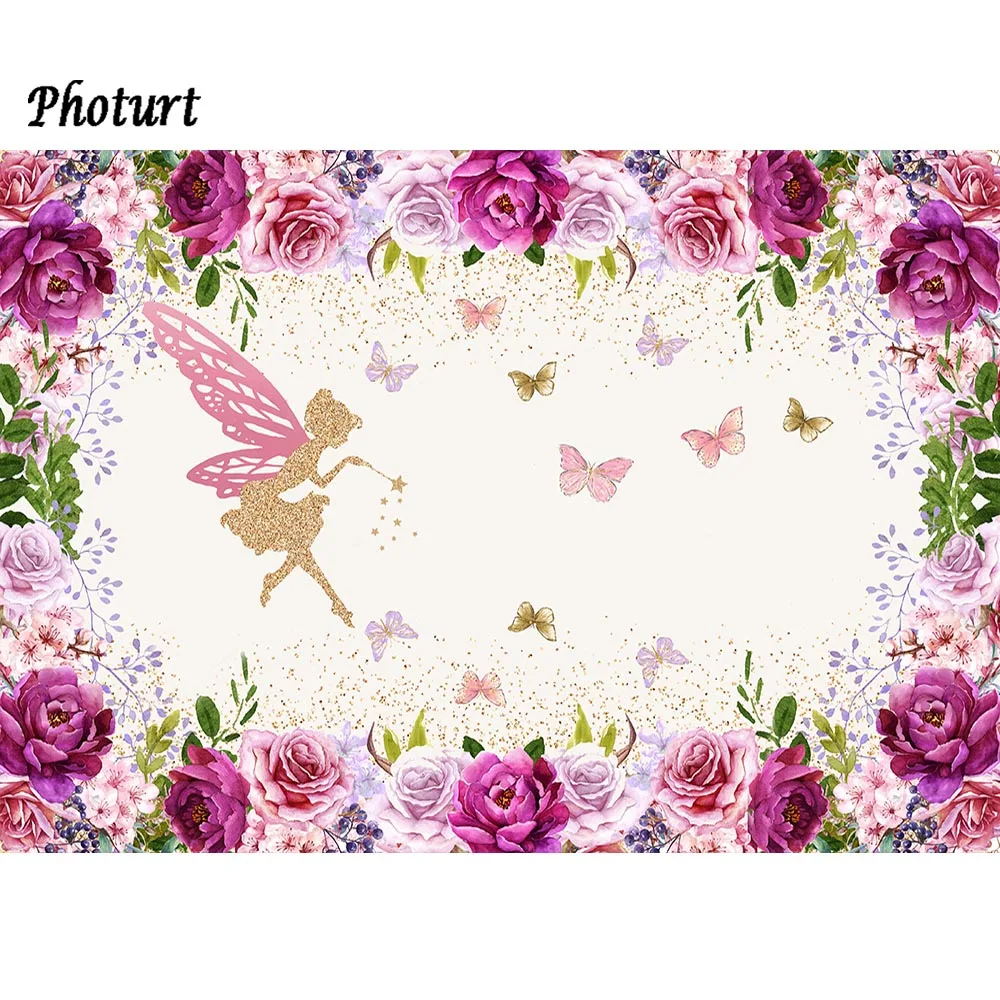 PHOTURT Flower Fairy Photography Backdrop Girls Birthday Party Decorate Photo Background Pink Butterfly Vinyl Photo Props