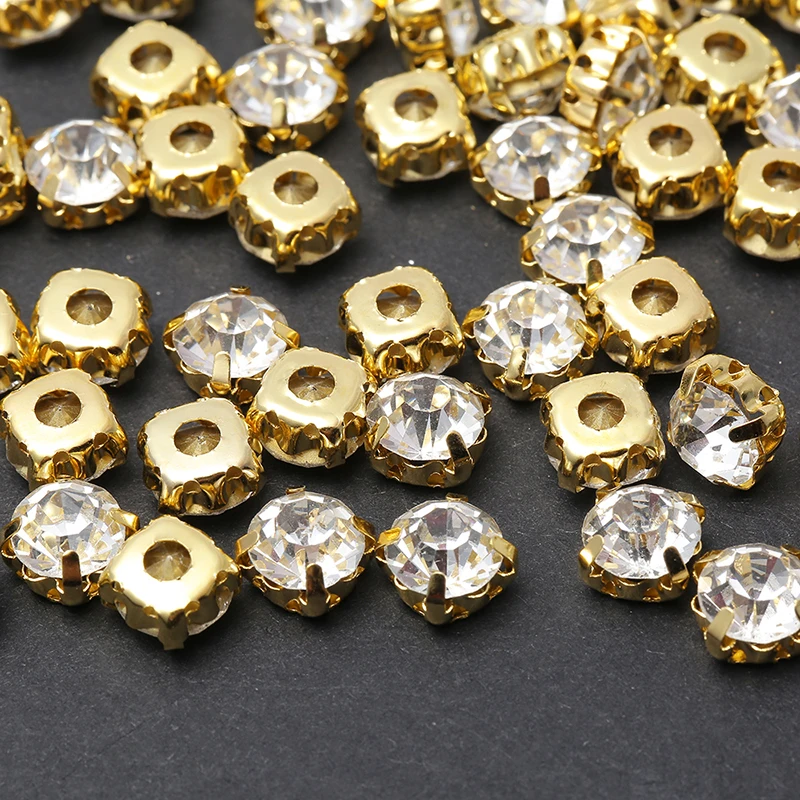 RESEN Top Quality 3-10mm Crystal Glass Sew On Rhinestones With Gold Claw White Color Gold Base Sewing Stones DIY Decoration