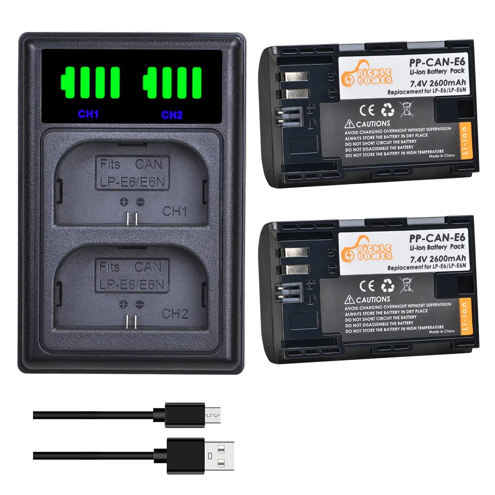 Batería de LP-E6 de 2600mAh, cargador Dual LED USB con puerto tipo C para Canon EOS 5D Mark II III IV 5DS 5DS R 6D 60D Mark II