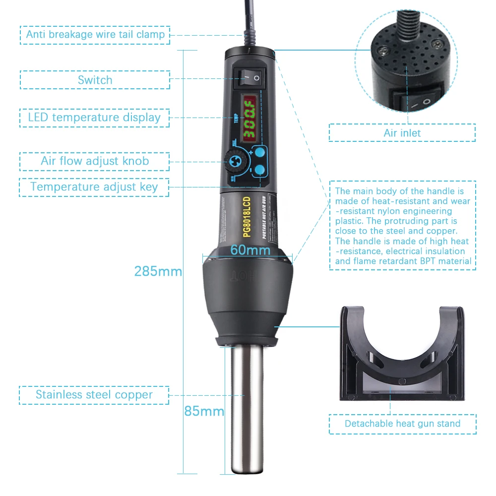 650W EU US PG8018LCD Adjustable Electronic Heat Hot Air Gun Desoldering Soldering Station IC SMD BGA+Nozzle 650W Hot air blower