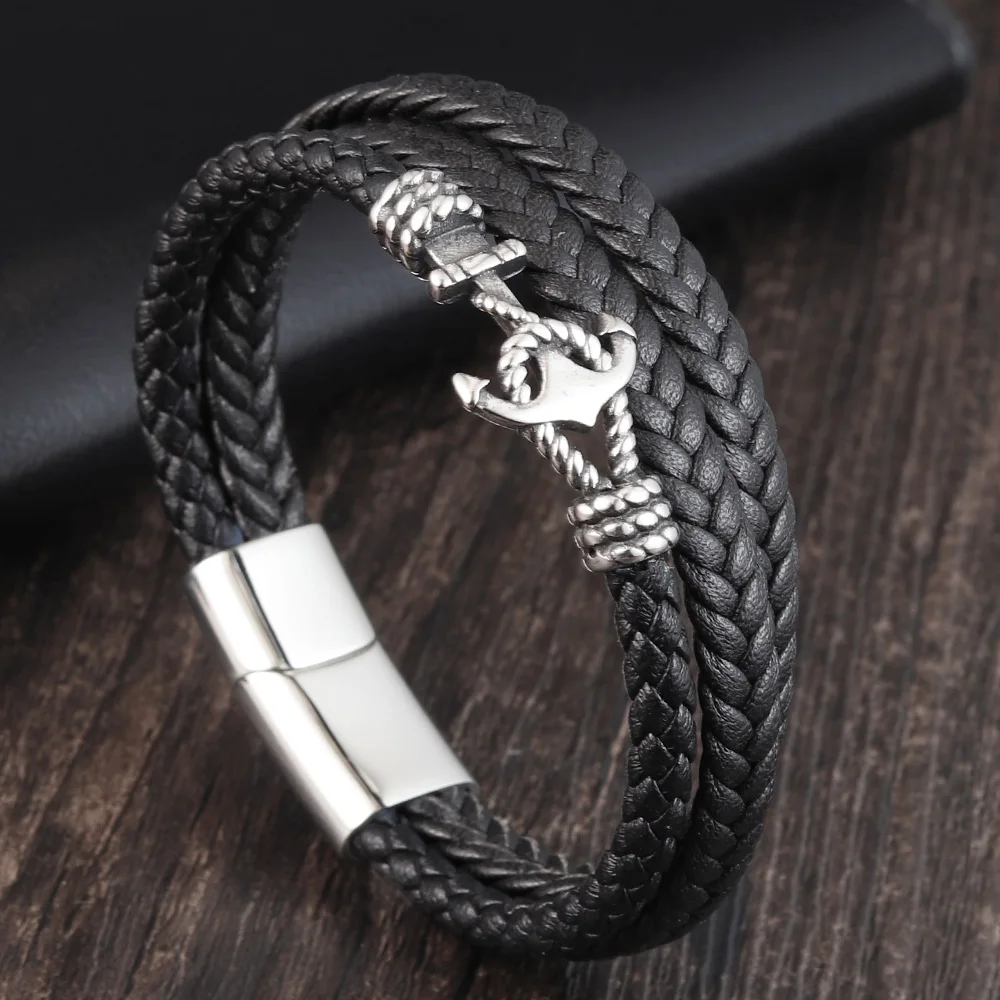 2019Fashion Stainless Steel Anchor Bracelet Men Black Braided Cowhide Leather Rope Bracelets Wrap Punk Charm Jewelry