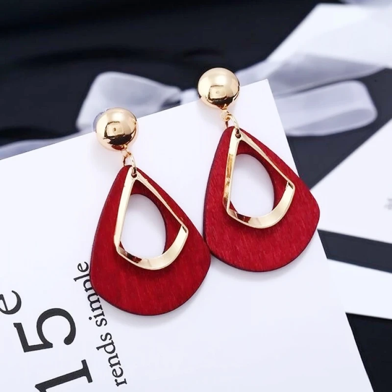 5 Colors New Trendy Wood Hollow Waterdrop Dangle Earrings for Women Handmade Fashion Geometric Tassel Jewelry Wild Party Gift