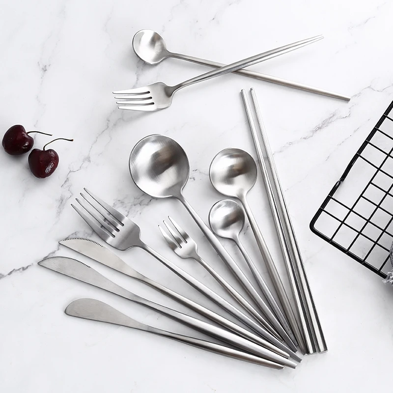 Silverware Tableware Set 18/10 Stainless Steel Tableware Cutlery Set Fork Spoon Butter Knife Chopsticks Matte Dinnerware Sets