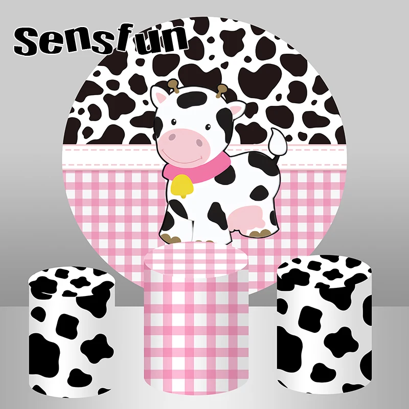 Sensfun Cute Cow Round Backdrop Cover Pink White Black Kids Newborn Baby Shower Farm Birthday Party Background Cylinder Covers