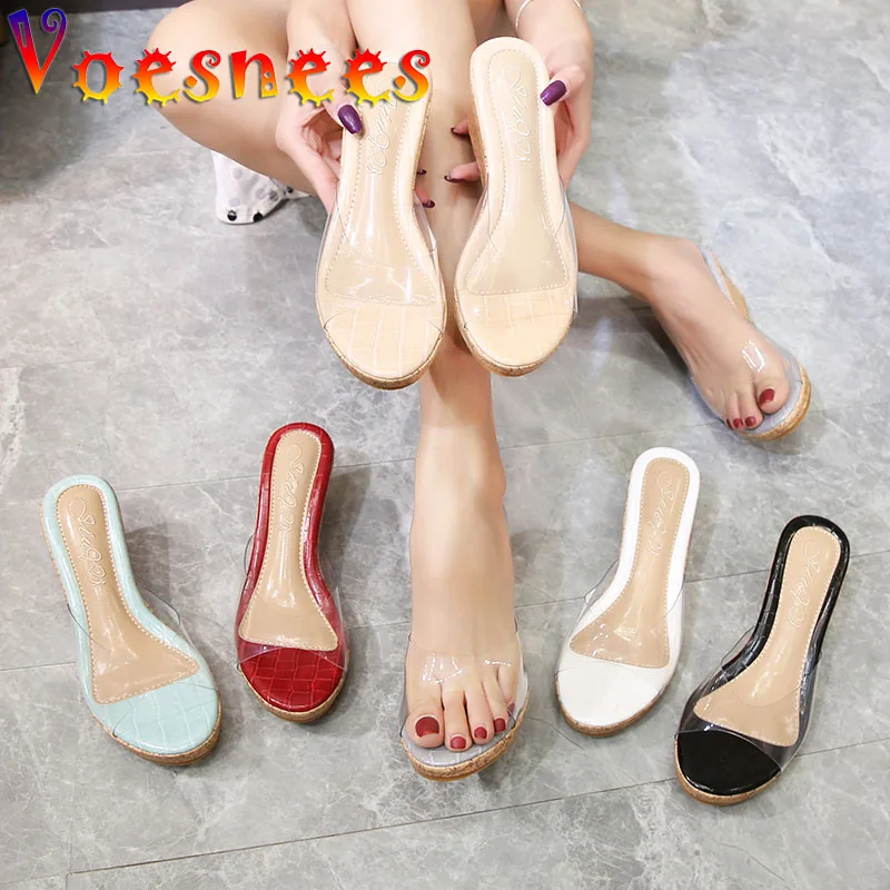 Transparent Women Slippers Summer Crocodile Skin Pattern Comfortable Platform Wedges Sandals 6.5CM Everyday Home High Heel Shoes