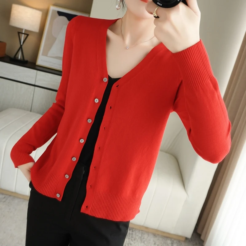 Spring Autumn New V-Neck Knitted Cardigan Women\'s Loose Large Size Thin Sweater All-Match Jacket Pure Color Basic Small Cardigan