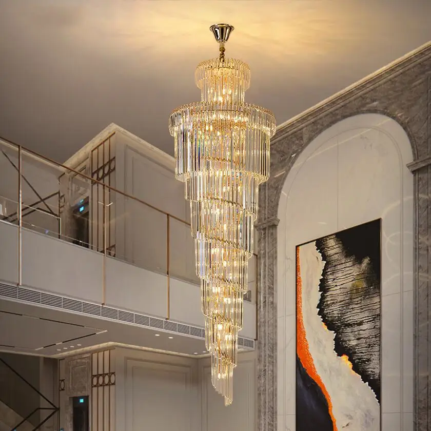 Stair chandelier long chandelier duplex building rotating hotel lobby project villa living room hollow light luxury crystal lamp