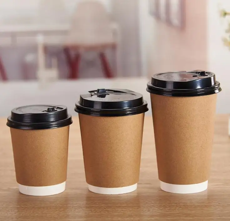 500pcs/lot Kraft Paper Coffee Cups with Lid 3 Sizes Milk Tea Thick Disposable Cup Coating Brown Coffee Cup Dhl Wholesale