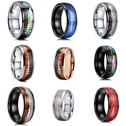 8mm Men Fashion Ring Wood Inlay Arrow Engagement Wedding Band Christmas Gift For Men Jewelry Accessories